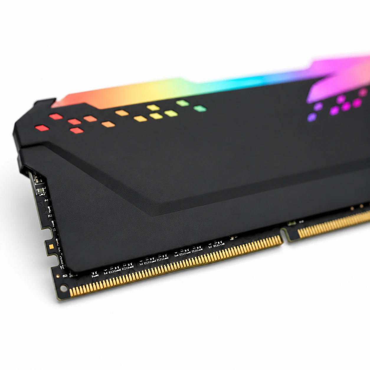 Macro close-up of RGB DDR4 gold connector pins
