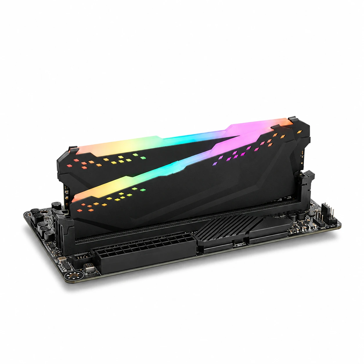 RGB DDR4 module installed in a DIMM slot on a motherboard