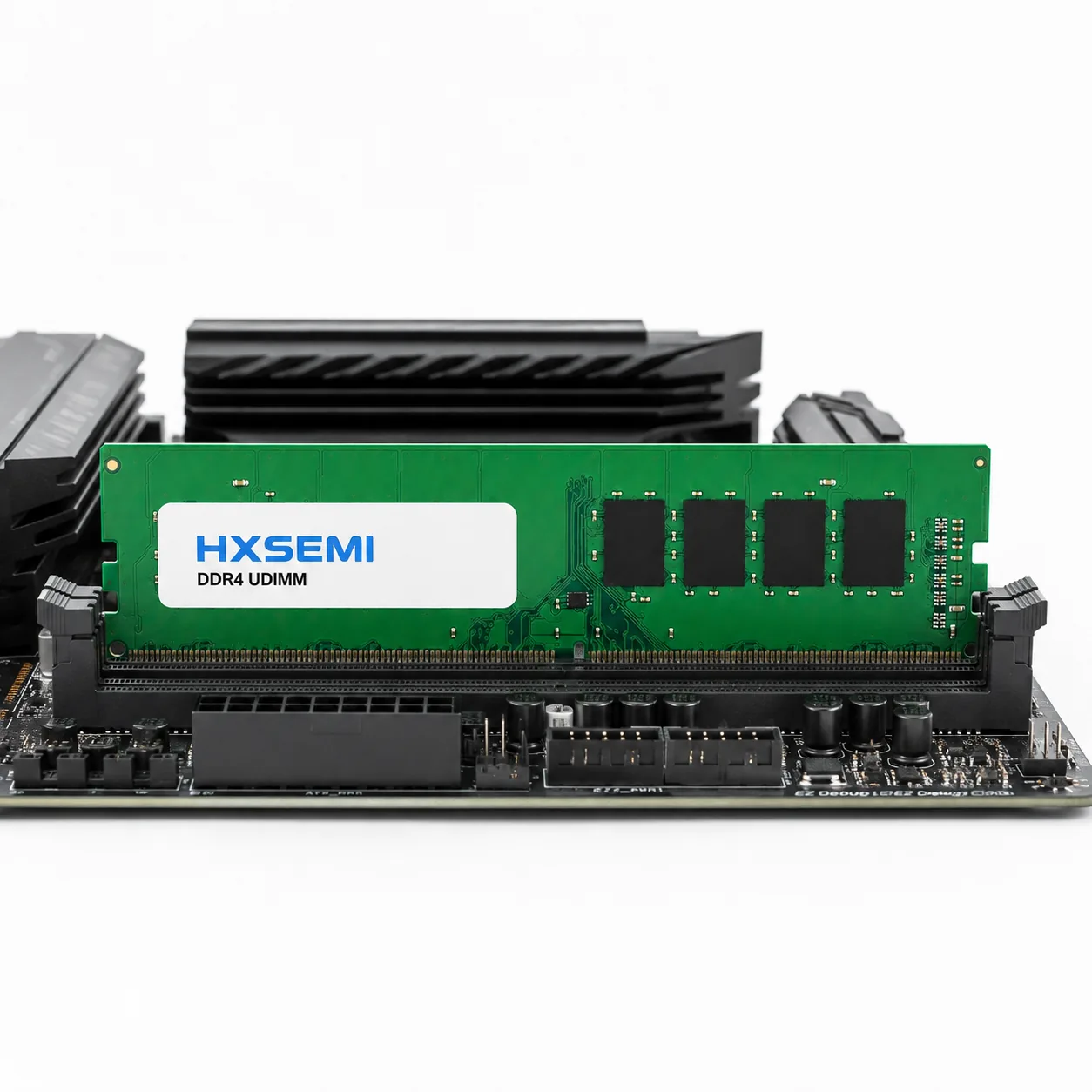 Black DDR4-3600 gaming module installed upright in a DIMM slot on a motherboard