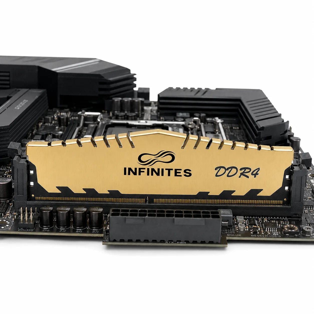 Gold heat spreader DDR4 module installed upright in a DIMM slot on a motherboard