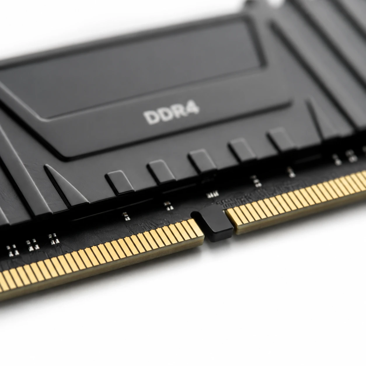 Macro close-up of DDR4 gold connector pins
