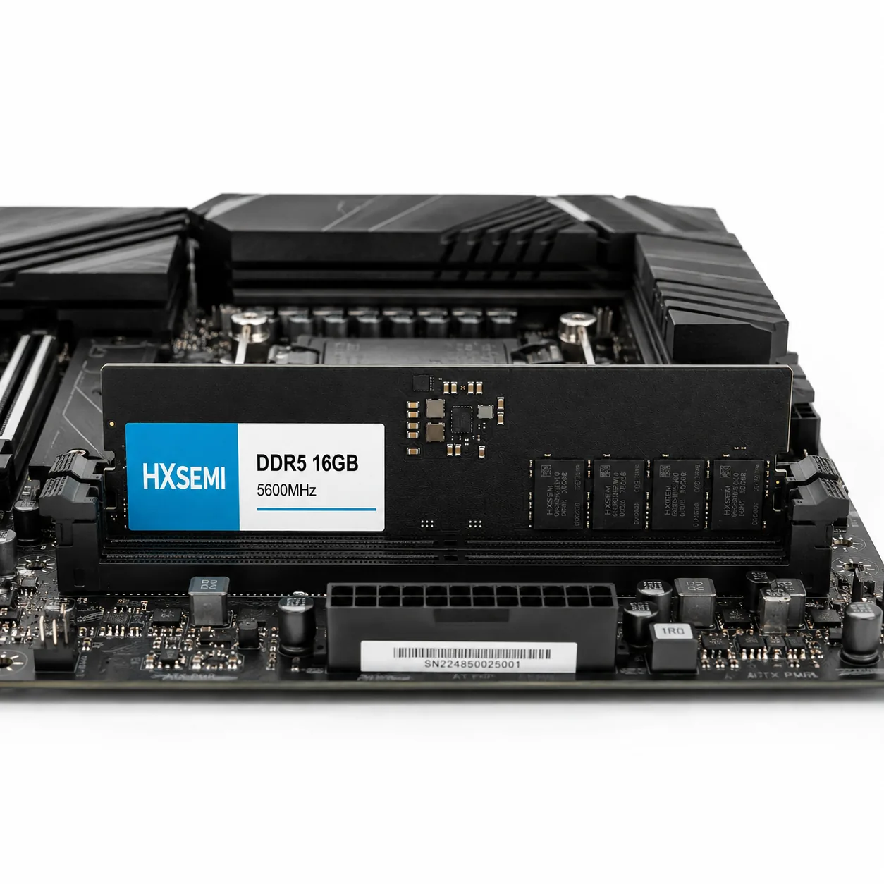 Black DDR5-5600 module installed upright in a DIMM slot on a motherboard