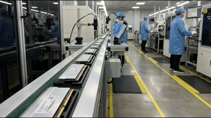 Finished units in trays moving along a conveyor on a surface-mount line, with operators at benches alongside