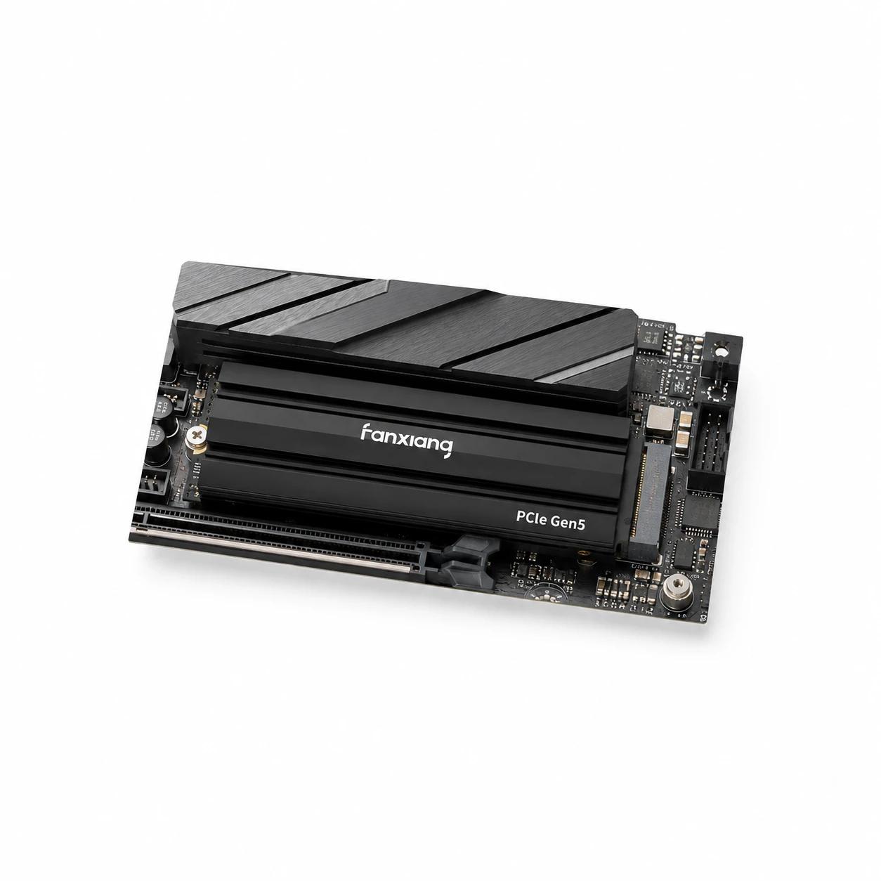 Gen5 NVMe SSD installed in an M.2 slot beside a motherboard heatsink